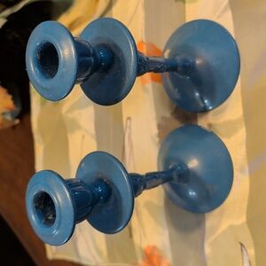Vintage Blue Metal Candle Holders, 6 1/2" X 3" Base, Made In Spain
